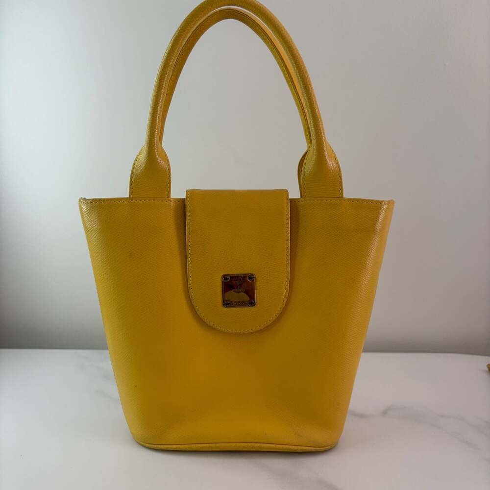 Vintage MCM Yellow Pebbled Leather Top Handle Bucket Bag